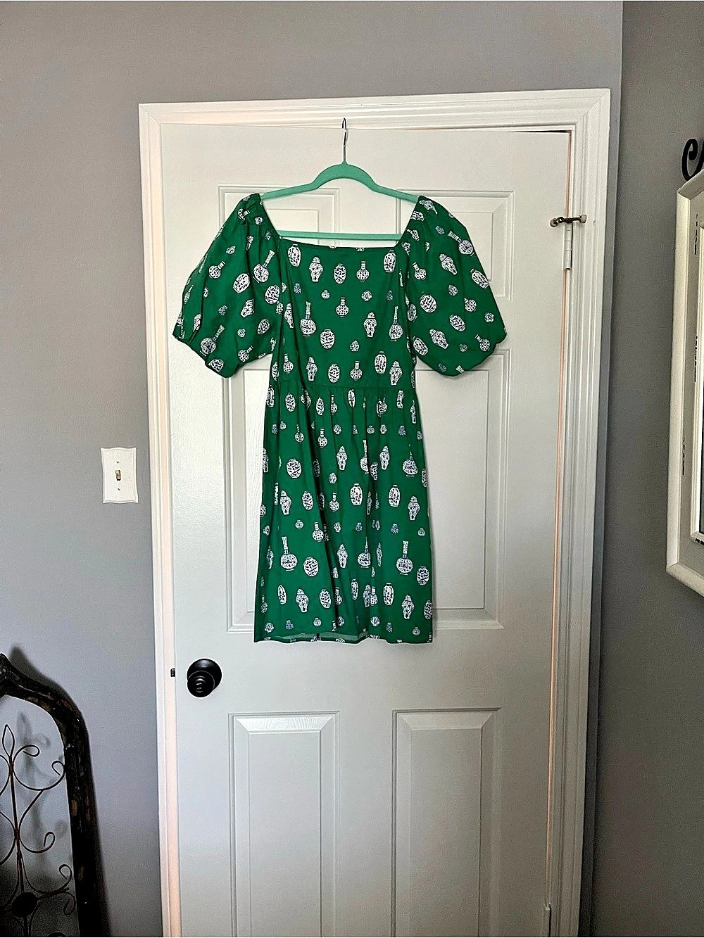 Green Floral Puff Sleeve Mini Dress Like New